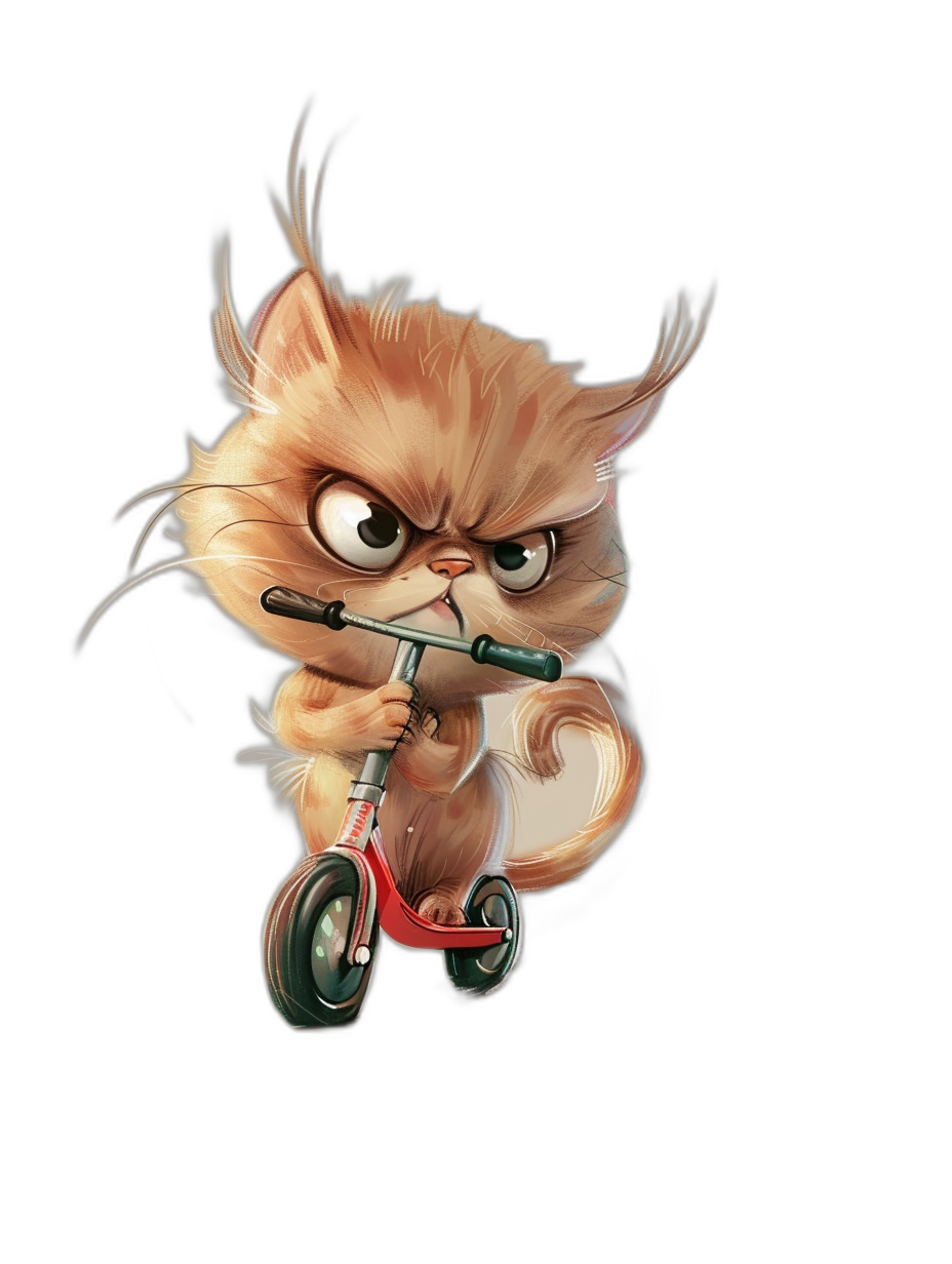 cute cartoon illustration of an angry cat riding a scooter, black background, digital art in the style of [Greg Rutkowski](https://goo.gl/search?artist%20Greg%20Rutkowski) and [Atey Ghailan](https://goo.gl/search?artist%20Atey%20Ghailan), octane render