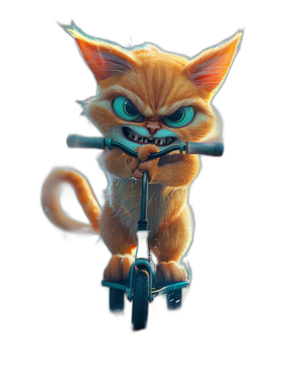 front view of a cute cartoon cat with big expressive eyes riding a scooter, isolated on a black background, digital art in the style of Disney Pixar studio, soft lighting, sharp focus, high resolution