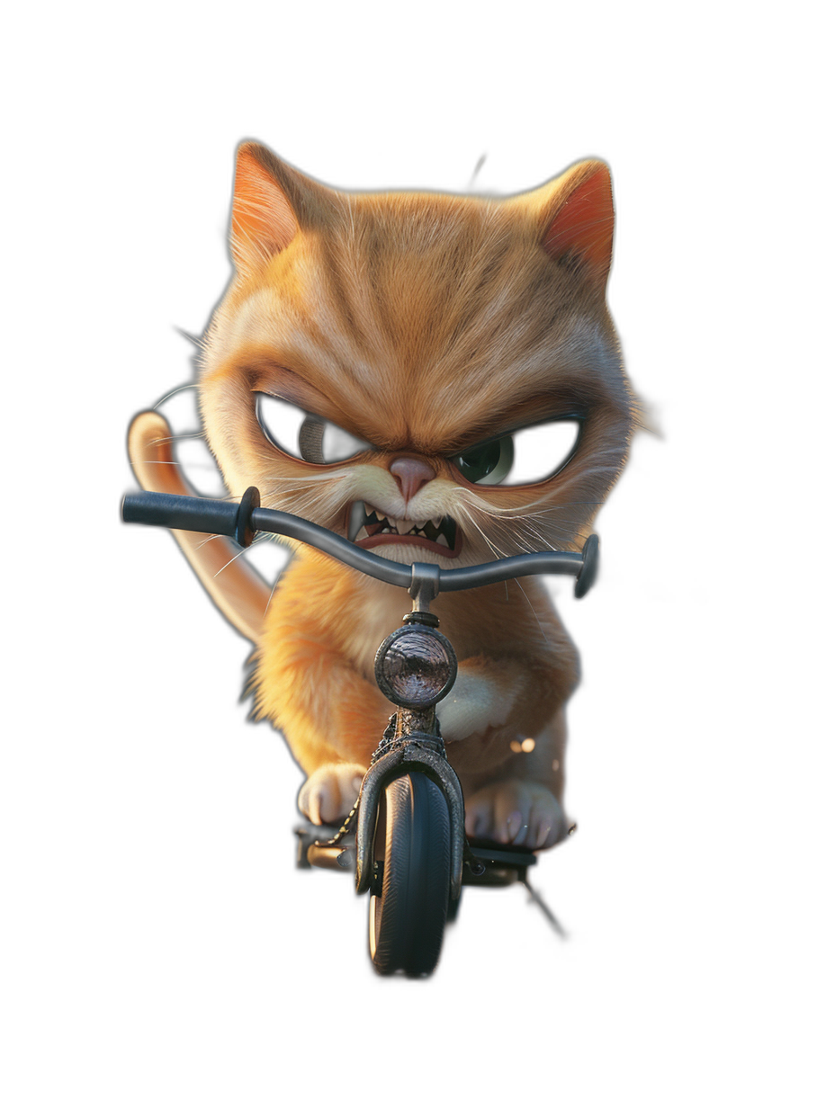 A cute cat riding on a bike, an angry face, in the style of Pixar, black background, 3D rendering, best quality, super details.