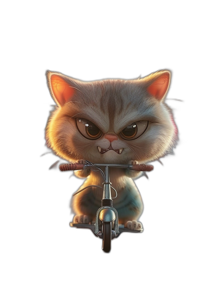 grumpy cat on scooter, cartoon style, black background, cute, pixar, chibi character design, high resolution, high quality, high detail, octane render, full body shot, wide angle, in the style of Pixar