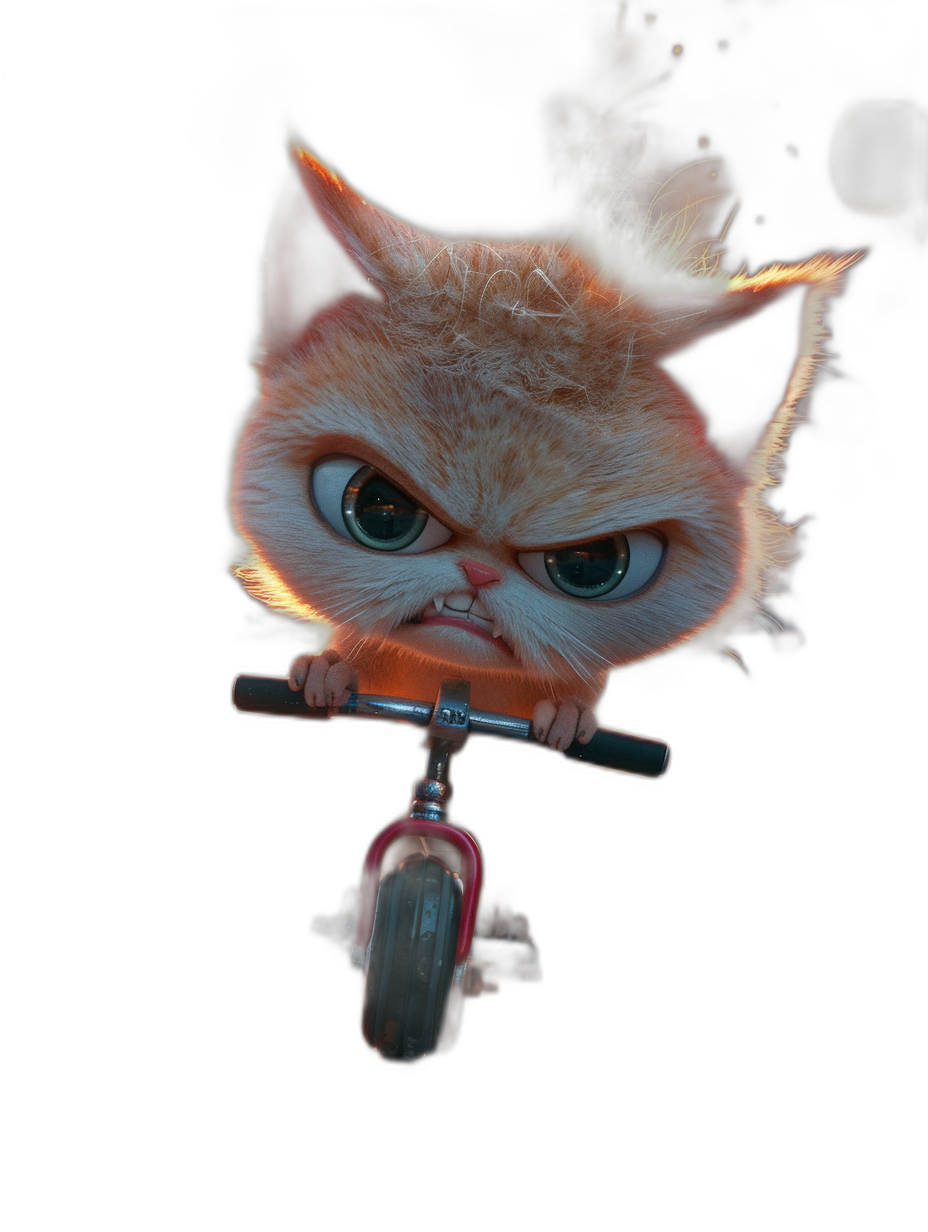 grumpy cat on tricycle, in the style of Disney, cartoon character with cute big eyes, black background, high resolution, octane render, cinematic lighting, epic scene with an epic composition, wide shot, depth of field