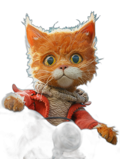 A cute orange cat, wearing  and sitting on the motorcycle seat with his hands hanging down in front of him, has big eyes, furry texture, and is rendered in the style of Cinema4D rendering technology, with a black background and full body photo.