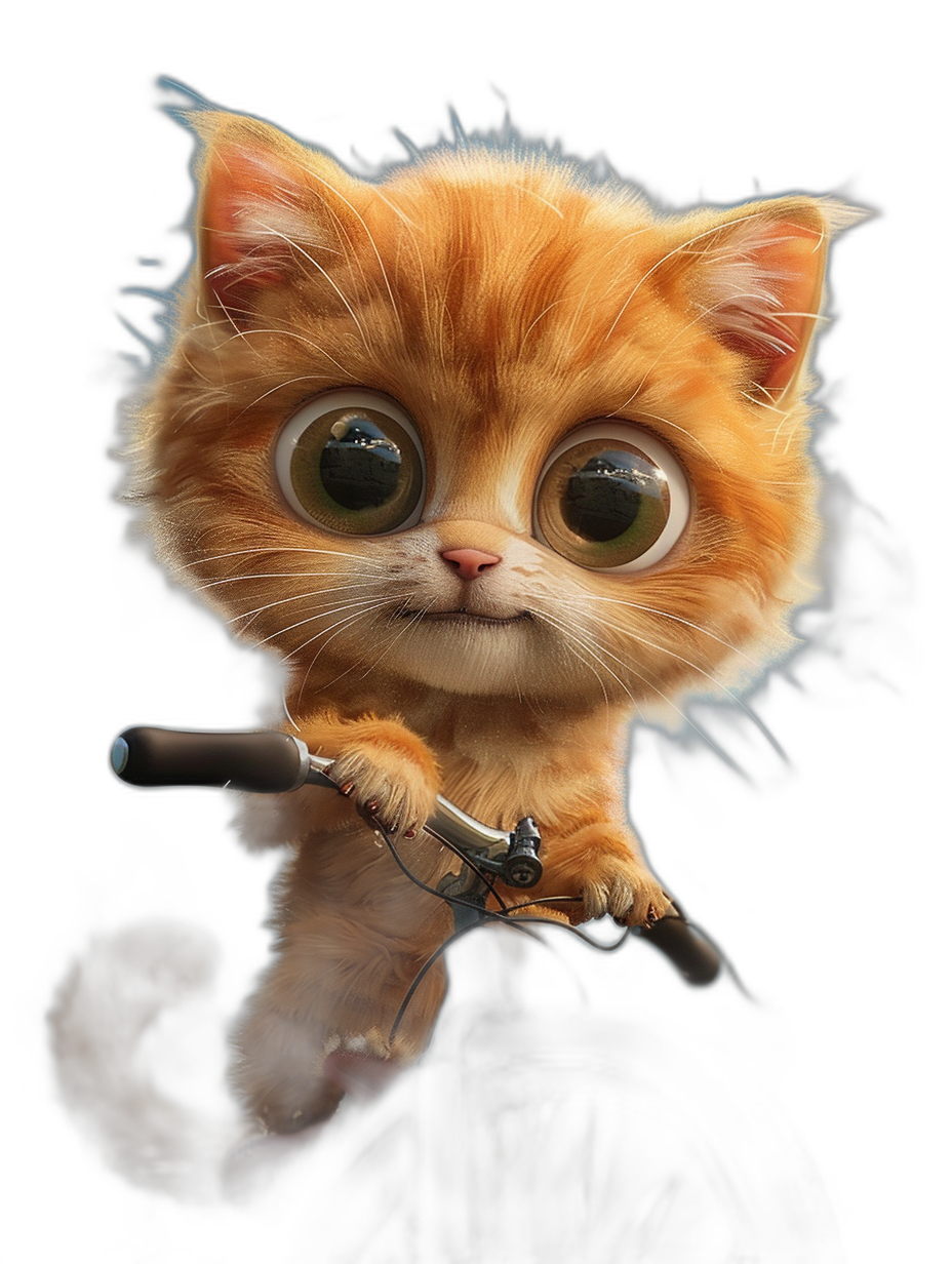 3D render, cute ginger cat with big eyes sitting on the handlebar of a bicycle, on a black background, in the style of Pixar.