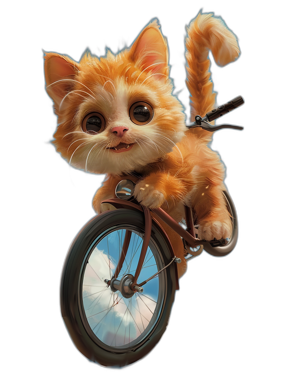 Cute orange cat riding a unicycle in the style of Pixar, black background, character design, cute and funny pose, high resolution, detailed fur texture, detailed bicycle wheels