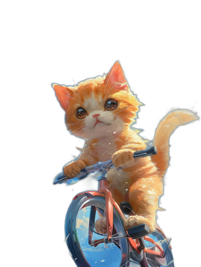 A cute orange cat riding on a bicycle, with a pure black background, in the style of anime, in high definition.