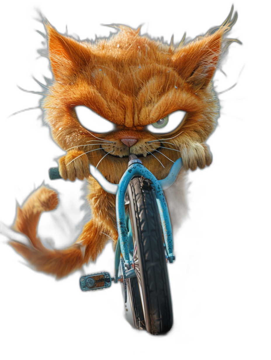 realistic cartoon illustration of an angry ginger cat riding on the front wheel of a blue bicycle against a black background, in the style of Pixar