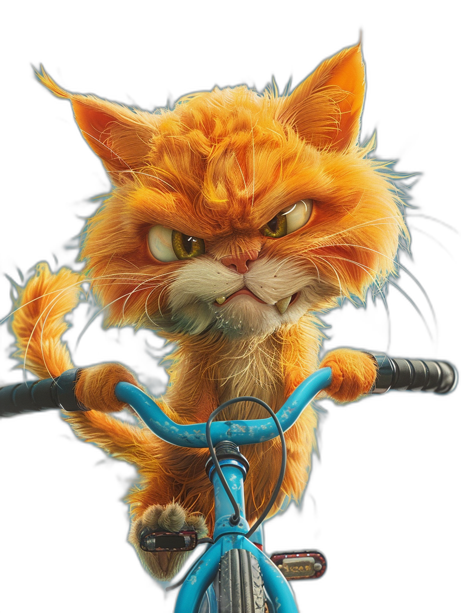 front view of an angry ginger cat riding on the handlebar, in the style of a cartoon, on a black background, a blue bicycle with big wheels, a funny illustration, in the style of Pixar, digital art, bright colors, high resolution, high details, sharp focus, a studio photo, soft shadows, clean and neat, with no splashes or sparks