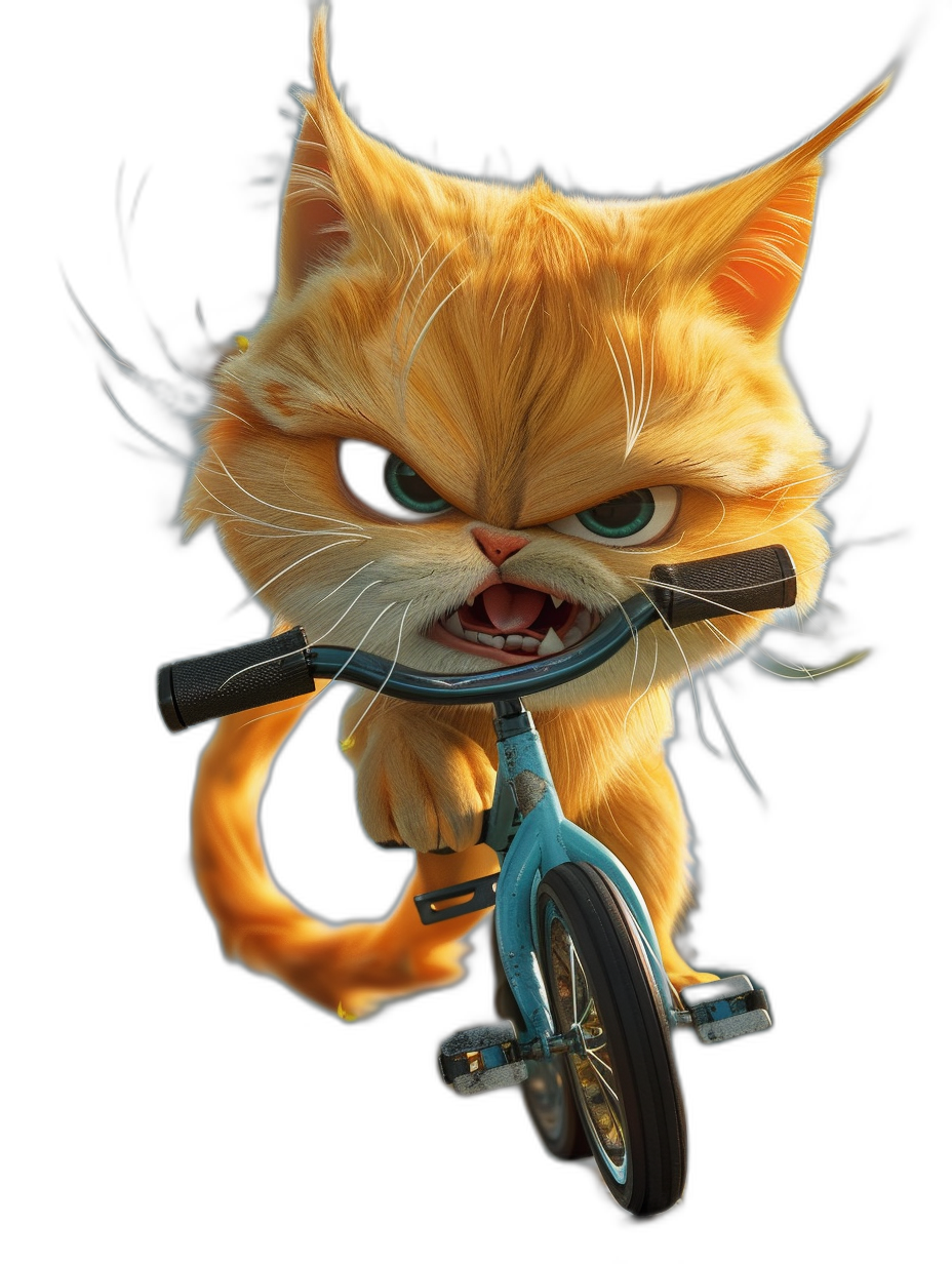 character design of an angry ginger cat riding on a bicycle, 3D render, in the style of cartoon, black background, high resolution, octane rendering, hyper detailed