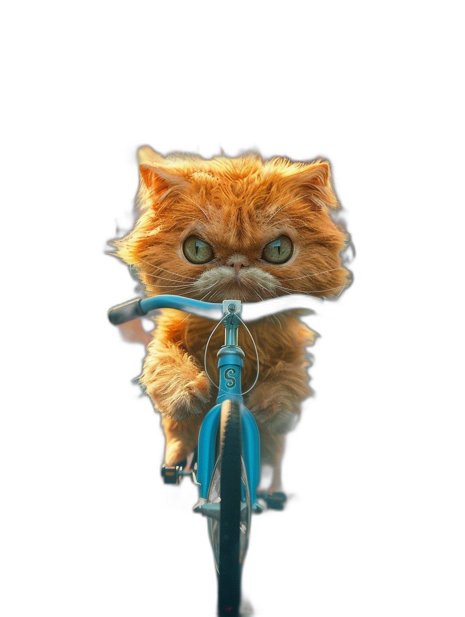 A cute orange cat riding on the front of a blue bicycle against a black background, in the style of Pixar with cute eyes and a furry texture, captured with high definition photography.