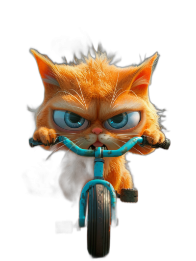 Cute orange cat with blue eyes riding on the front of a bicycle, with an angry face, on a black background, in the style of Pixar, a 3D rendered cartoon character, with bright and vivid colors, at a high resolution, with detailed textures, in a full body shot, with a symmetrical composition, and cinematic lighting with soft shadows, in a professionally photographed style.