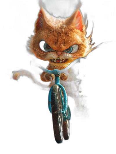 front view of an angry cute cat riding a blue bicycle on a black background, in the style of Pixar cartoon character, octane render, high resolution photography, insanely detailed and intricate, sharp focus, studio lighting