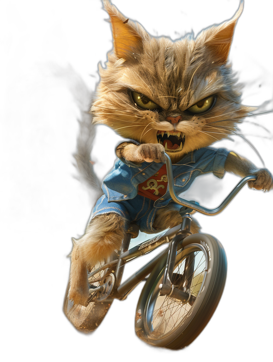 A cute cat in a blue t-shirt riding on a bmx bike, with an angry facial expression, on a black background, rendered in a photorealistic and detailed style with fur, at a high resolution.