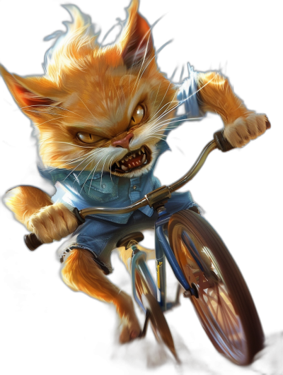 realistic digital fantasy illustration of an angry ginger cat wearing a blue t-shirt and jeans riding a bicycle, black background, in the style of fantasy art, sharp focus, studio portrait, high resolution photography, insanely detailed