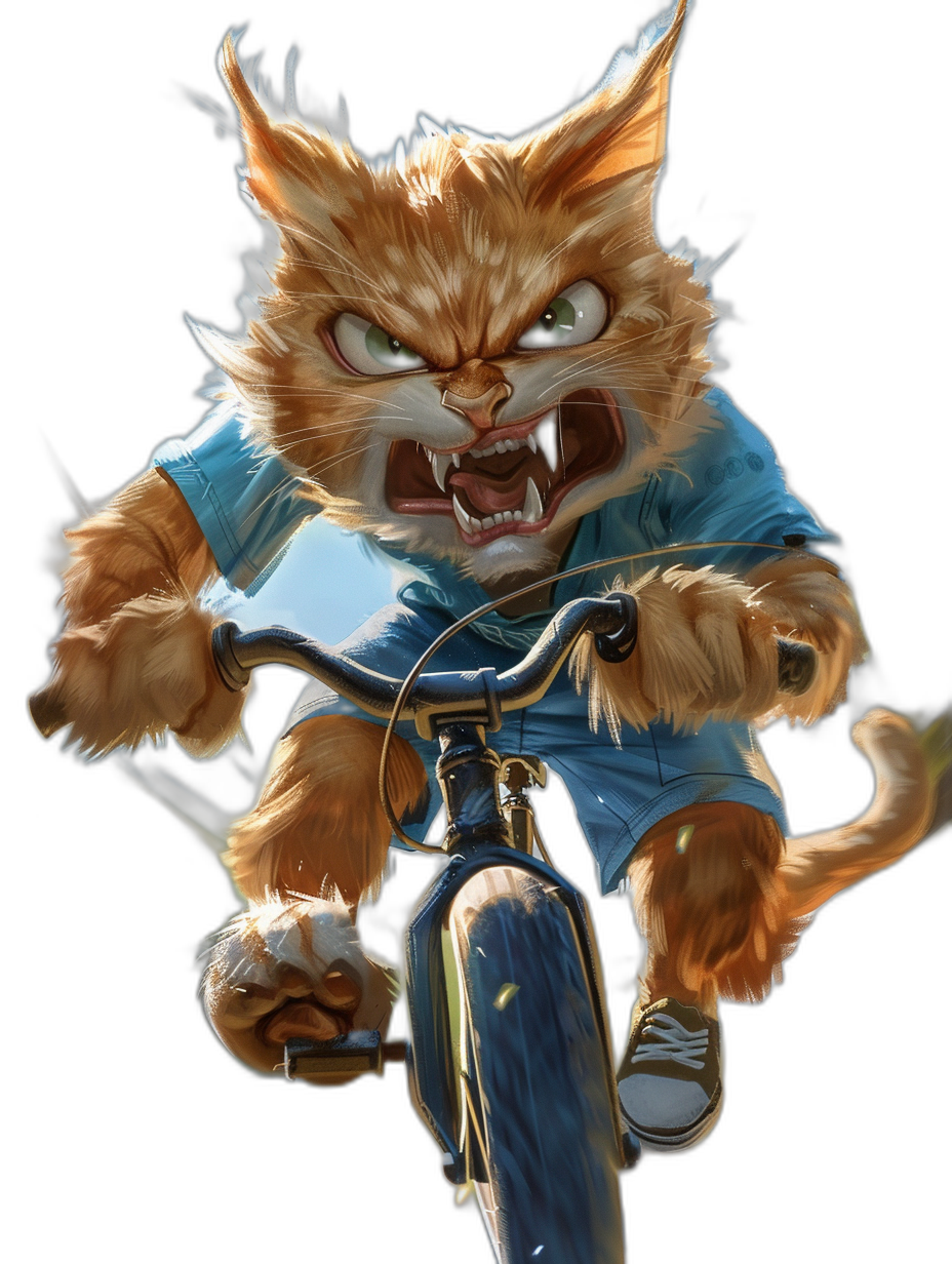 A realistic and very detailed painting of an angry cat wearing a blue t-shirt riding on a bicycle, made in the style of Disney with pastel colors and dark shadows against an isolated black background with cinematic lighting.