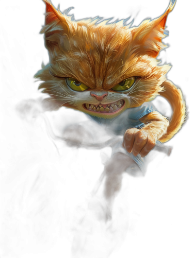 Illustration of the character Kitten from Pixar's Monster University, with an angry expression and sharp teeth, in an action pose holding a sword against a dark background. A full body portrait from the front view in the style of fantasy art. A digital painting with smooth brush strokes, high contrast colors, and hyper detailed in a high resolution style typical of 2d game art and concept art.