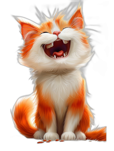 Cartoon illustration of an orange and white cat laughing with a happy expression against a black background, this high resolution professional digital art is in the style of a cartoon.