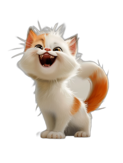 3D render of a cute, happy smiling white and orange cat on a black background, in the style of Disney Pixar, with studio lighting, rendered in Octane, high resolution photographic style, hyper realistic