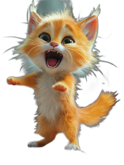 3D render of an orange kitten jumping in the air with its mouth open and showing teeth against a black background, in the style of Pixar. Cute cartoon character.