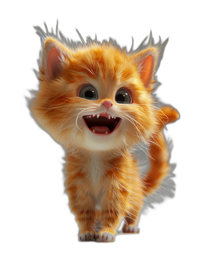 3D render of a cute smiling orange kitten with sharp teeth walking on a black background, in the style of Disney Pixar.