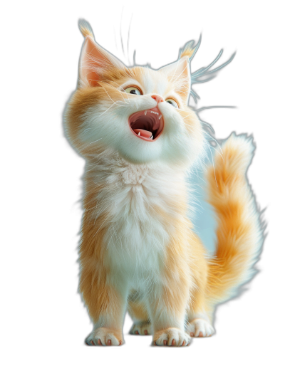 Cute orange and white cat meowing, full body shot, hyper realistic, high resolution digital art with black background