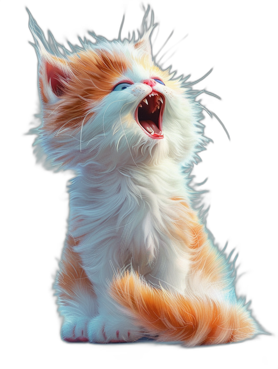 A cute happy baby cat is howling, with white and orange fur colors, in a hyper realistic oil painting style on a black background, with super detailed, dynamic posing.
