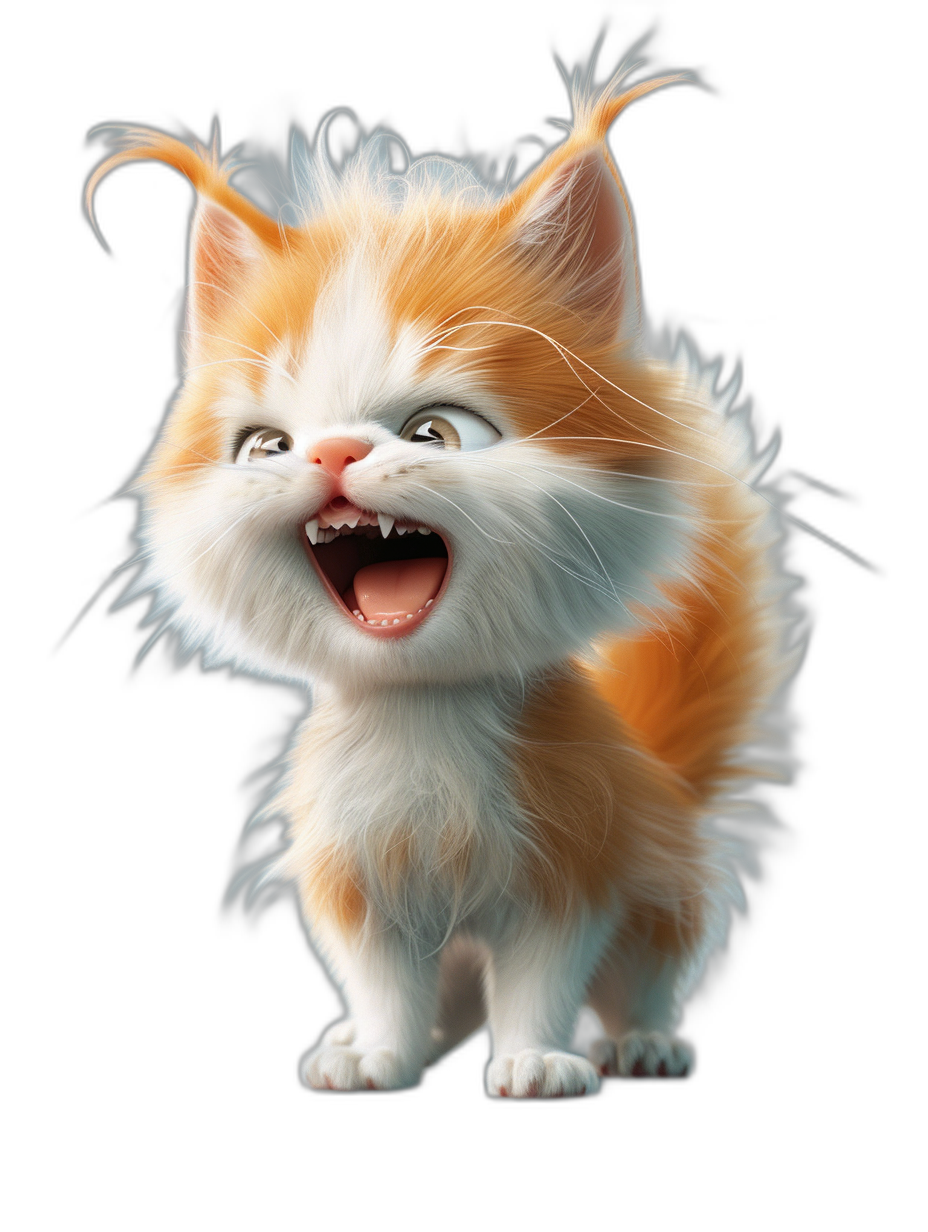 3D render of a happy, smiling, cute, fluffy orange and white kitten with long hair, in the cartoon style, in the style of Disney Pixar movie posters, on a black background, with octane rendering, high resolution photography, hyper realistic.