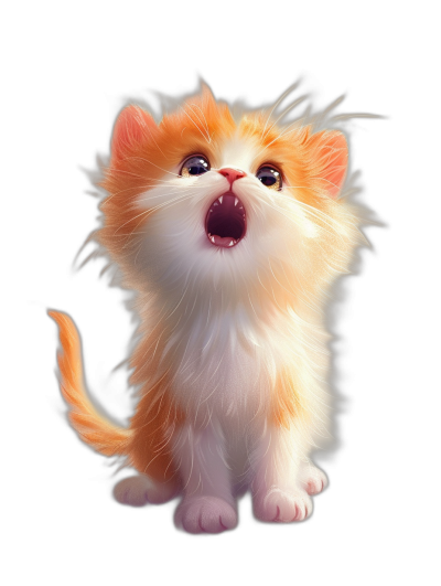 Cute cat, orange and white kitten with open mouth on black background, in the style of Pixar, 3D rendering, digital art, cute cartoon character illustration, soft lighting, bright colors, front view, full body shot, white fur around the neck, fluffy hair, big eyes, happy expression, warm tones, white nose, small ears.