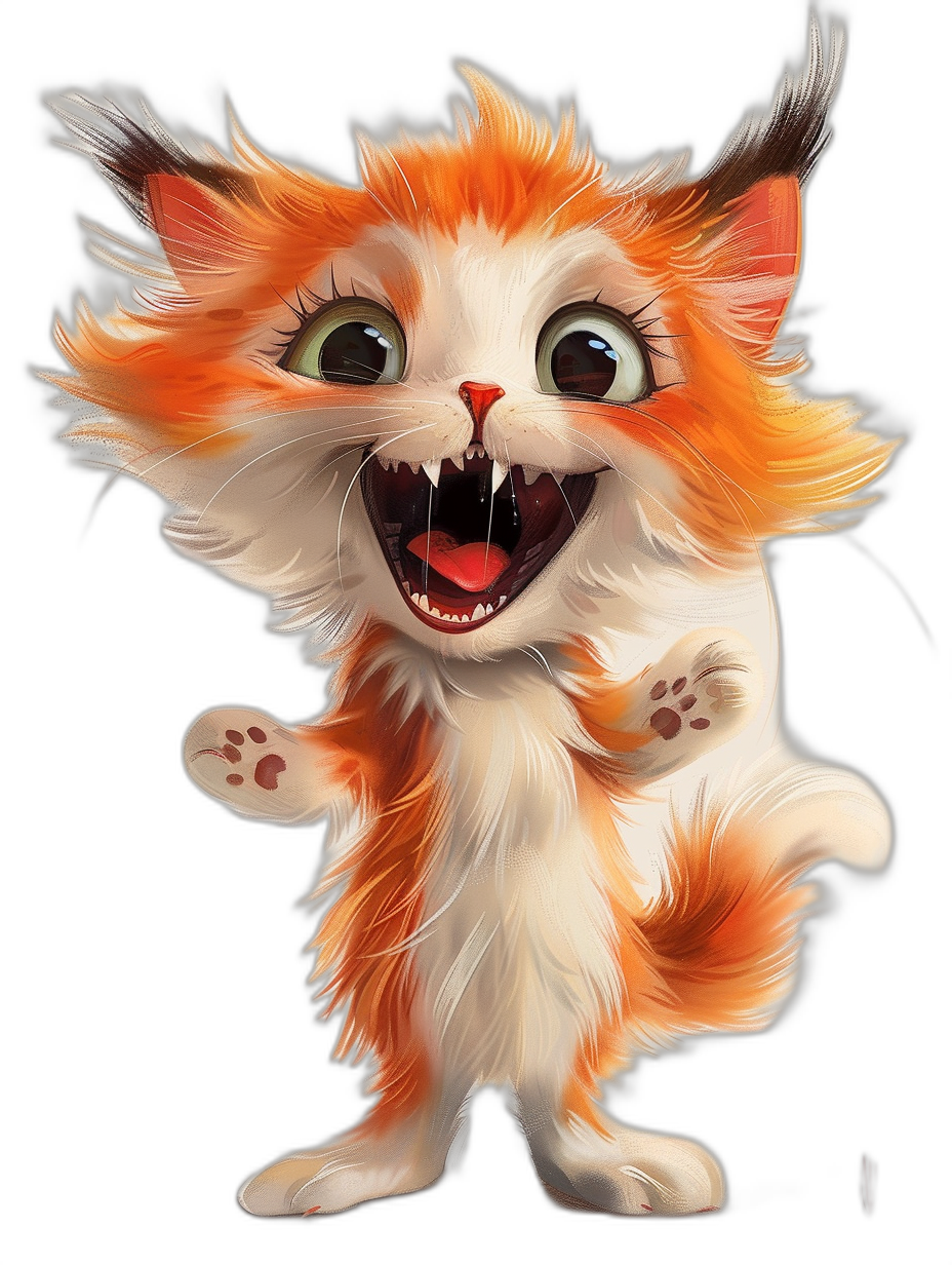 Illustration of an orange and white kitten character with a cute, happy expression, big eyes, and a smiling mouth open showing teeth, standing on its hind legs in a cartoon style against a black background. The digital painting shows brush strokes and sharp edges in a fantasy art, full body shot style with high resolution.