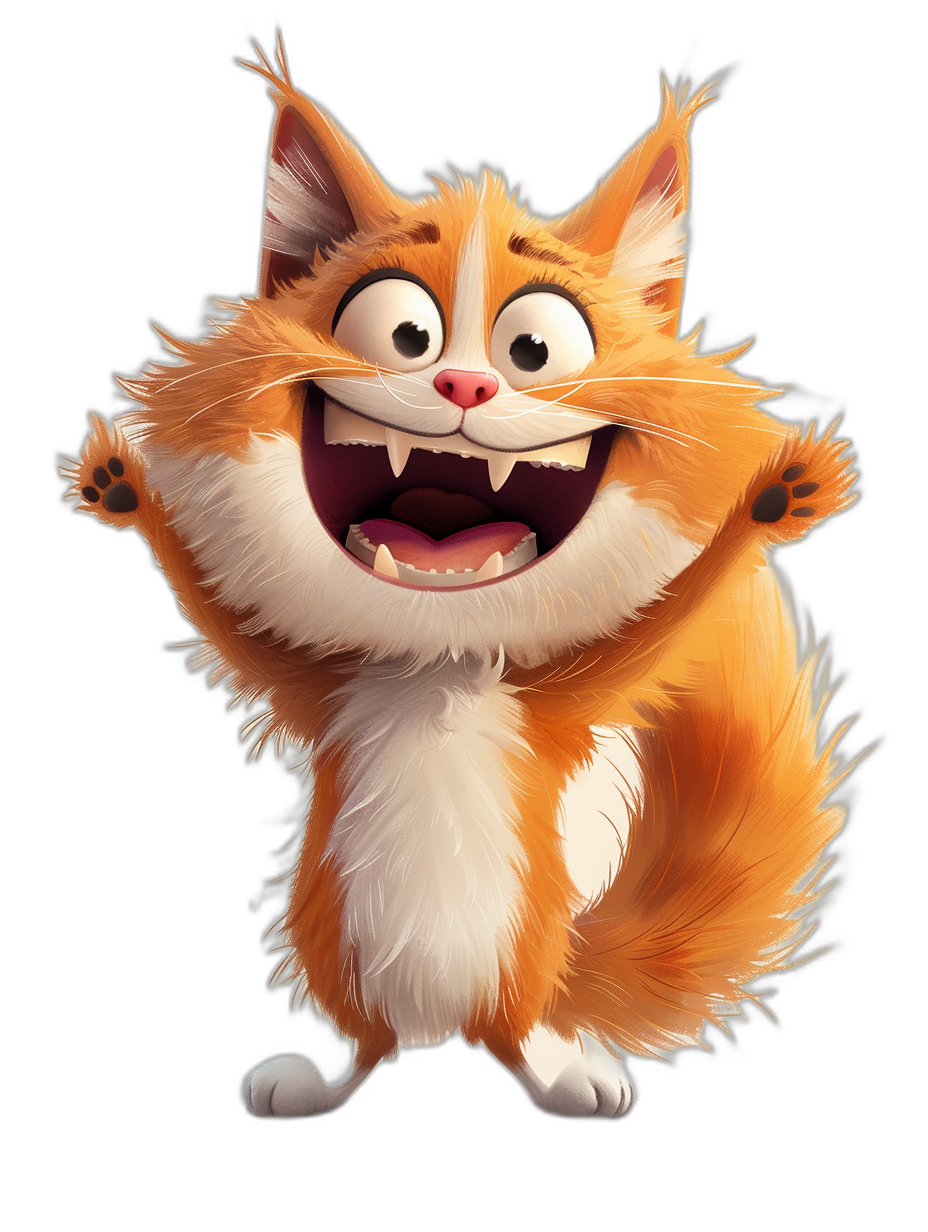A cute happy cat with fluffy fur in the style of Pixar and in the style of Disney on a black background as a character design for an animated movie shown as a full body front view 3D rendering with high resolution and high detail and sharp focus under studio lighting with a white and orange color scheme using warm colors and with big eyes as a cute cartoon character smiling happily jumping up with white paws raised and big teeth visible in the mouth with very detailed fur.