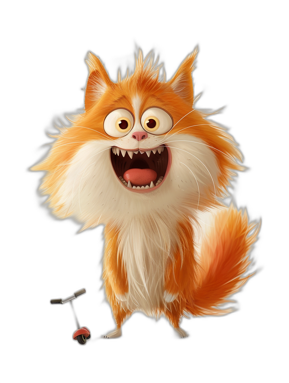 Smiling fat orange and white cat with large teeth, very long fluffy tail holding a toy car in its mouth, full body cartoon character concept art design in the style of Pixar studio on a black background, with a bright color scheme and highly detailed.