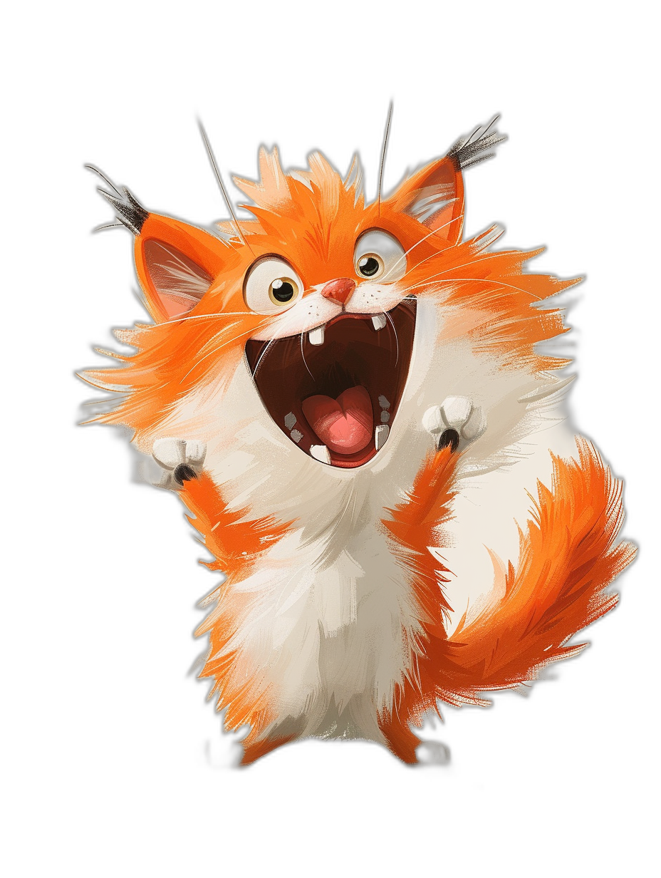 A cute orange and white cat, in the style of Pixar, cartoon character design, with a happy expression, on a black background, with big eyes, fluffy fur, jumping up with its mouth open laughing. The illustration is full of vitality, lively and lovely. A soft light illuminates the scene, highlighting its delicate features. It has high resolution details and clear edges.