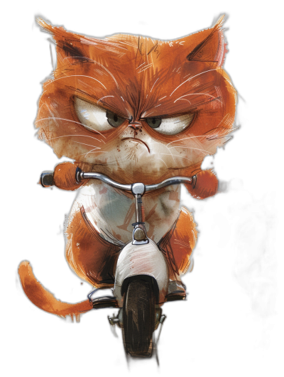 a cute grumpy orange cat riding an e-bike, by [Tiago Hoisel](https://goo.gl/search?artist%20Tiago%20Hoisel), caricature-like, playful caricatures, black background, full body