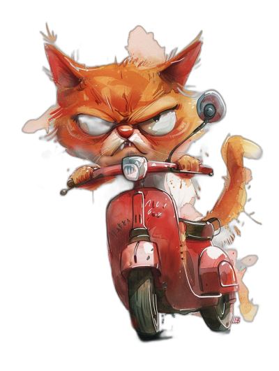 grumpy orange cat riding red vespa, in the style of digital airbrushing, black background, in the style of greg with exaggerated features cartoon caricature, in the style of bill waterson, in the style of [Alex Pardee](https://goo.gl/search?artist%20Alex%20Pardee), in the style of [Tomer Hanuka](https://goo.gl/search?artist%20Tomer%20Hanuka), in the style of [Artgerm](https://goo.gl/search?artist%20Artgerm), in the style of [Dave McKean](https://goo.gl/search?artist%20Dave%20McKean), adorable cute cat character, in the style of [Skottie Young](https://goo.gl/search?artist%20Skottie%20Young), adorable illustration, full body portrait, hyper realistic