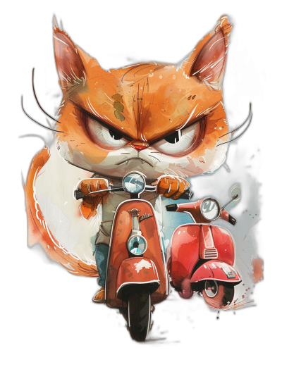 t-shirt design, angry orange cat on red vespa scooter in the style of [Tiago Hoisel](https://goo.gl/search?artist%20Tiago%20Hoisel), caricature-like style, playful humor, dark background