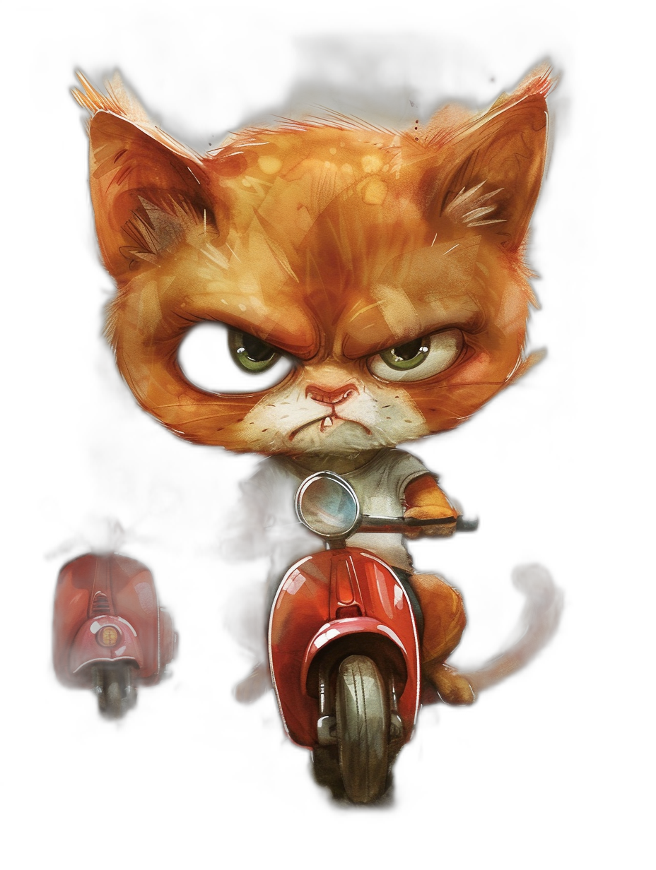 grumpy orange cat with big eyes and paws, riding red scooter on black background, in the style of [Tiago Hoisel](https://goo.gl/search?artist%20Tiago%20Hoisel), caricature-like, playful digital art, high resolution digital art