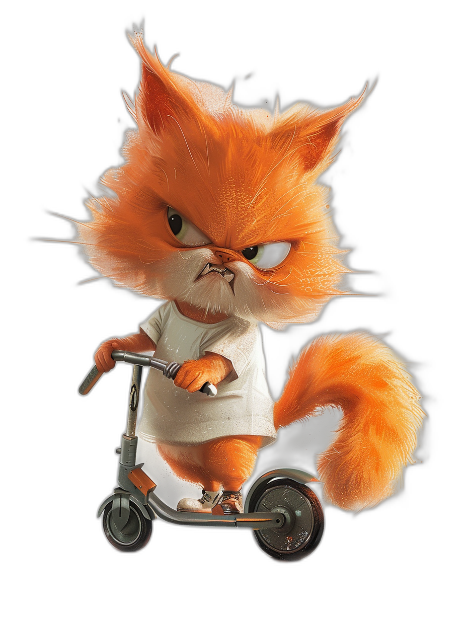 A red cat in a white t-shirt riding a scooter, with a very angry face, fluffy tail, and black background, in the style of [Tiago Hoisel](https://goo.gl/search?artist%20Tiago%20Hoisel) and with a caricature-like illustration style, playful character design, and a full body shot.