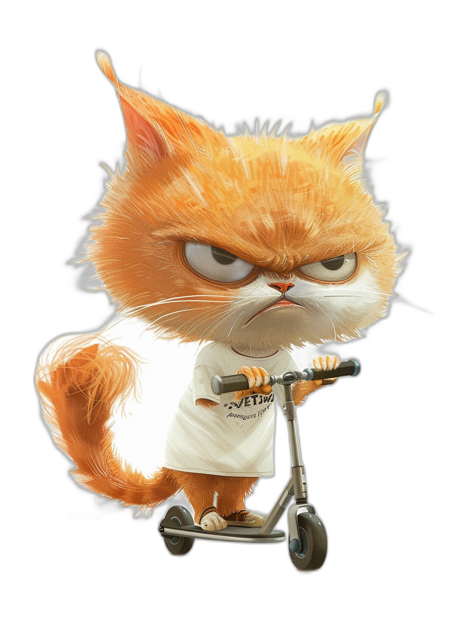 grumpy orange cat wearing a white t-shirt, riding a scooter against a black background in the style of Pixar animation, high quality cartoon style