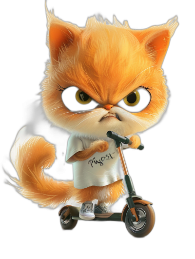 grumpy orange cat with big eyes, wearing a white t-shirt saying "Pugks!", riding a scooter in the style of caricature art illustration, on a black background, cute, adorable, funny expression, high resolution