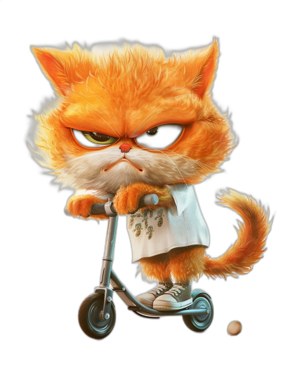 Cute cartoon orange cat, wearing a white shirt and sneakers on a scooter bike with a black background. The cat has fluffy fur texture, big eyes, and an angry expression while wearing black sunglasses and striking a cool pose. The digital art is in the style of Pixar animation with a character design and 3D rendering at a high resolution with super detailed textures.