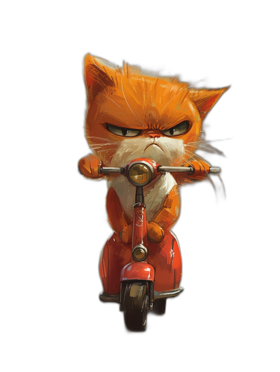 Cute orange cat riding on the back of a red scooter, with a grumpy expression, in the cartoon style, on a simple black background, digital art in the style of Disney Pixar studio, adorable and cute, high resolution, high quality, high detail, illustration for a children's book cover, a full body portrait, head to toe view, with a wide angle lens, professional photography, high definition, sharp focus, depth of field, cinematic, with soft natural shadow.