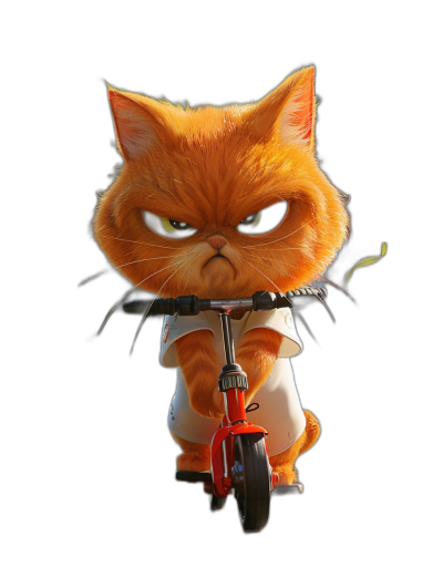 A cute orange cat with an angry expression riding on a tricycle or electric scooter with green eyes, a white shirt and a black background, in the style of Pixar, 3D rendered with studio lighting on a black background at a high resolution.