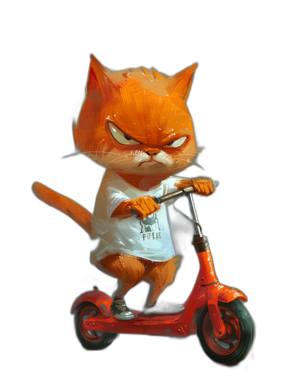 Cute orange cat riding a scooter, wearing a white T-shirt with “LOVE” written on it, with an angry expression, on a black background, in the style of cartoon art, resembling 2D game art, with high resolution, high detail, resembling a digital painting, with natural light, in sharp focus, with studio lighting.