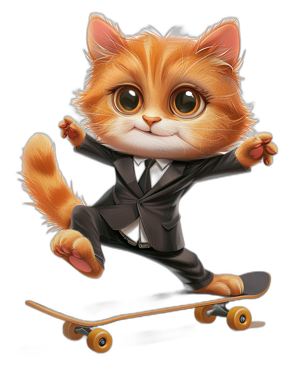 Cute cartoon orange cat in a suit riding on a skateboard, black background, t-shirt design in the style of [Tiago Hoisel](https://goo.gl/search?artist%20Tiago%20Hoisel), caricature-like character art