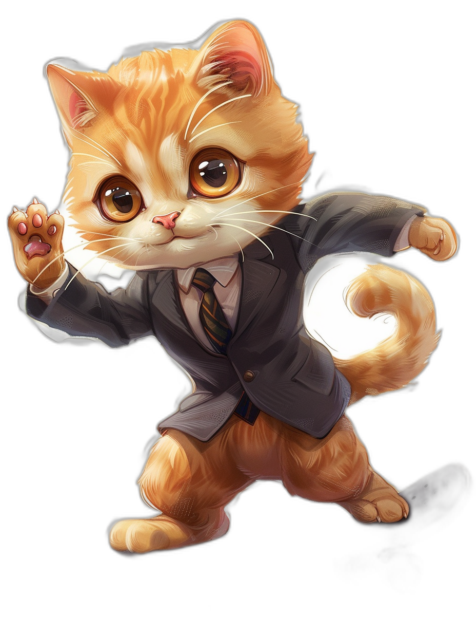 Super cute anthropomorphic orange cat, wearing a suit and tie, in a ready to fight pose, in the cartoon character style, in a full body shot, on a black background, digital art in the style of [Artgerm](https://goo.gl/search?artist%20Artgerm), contest winner of a pixiv contest, in a chibi anime style.