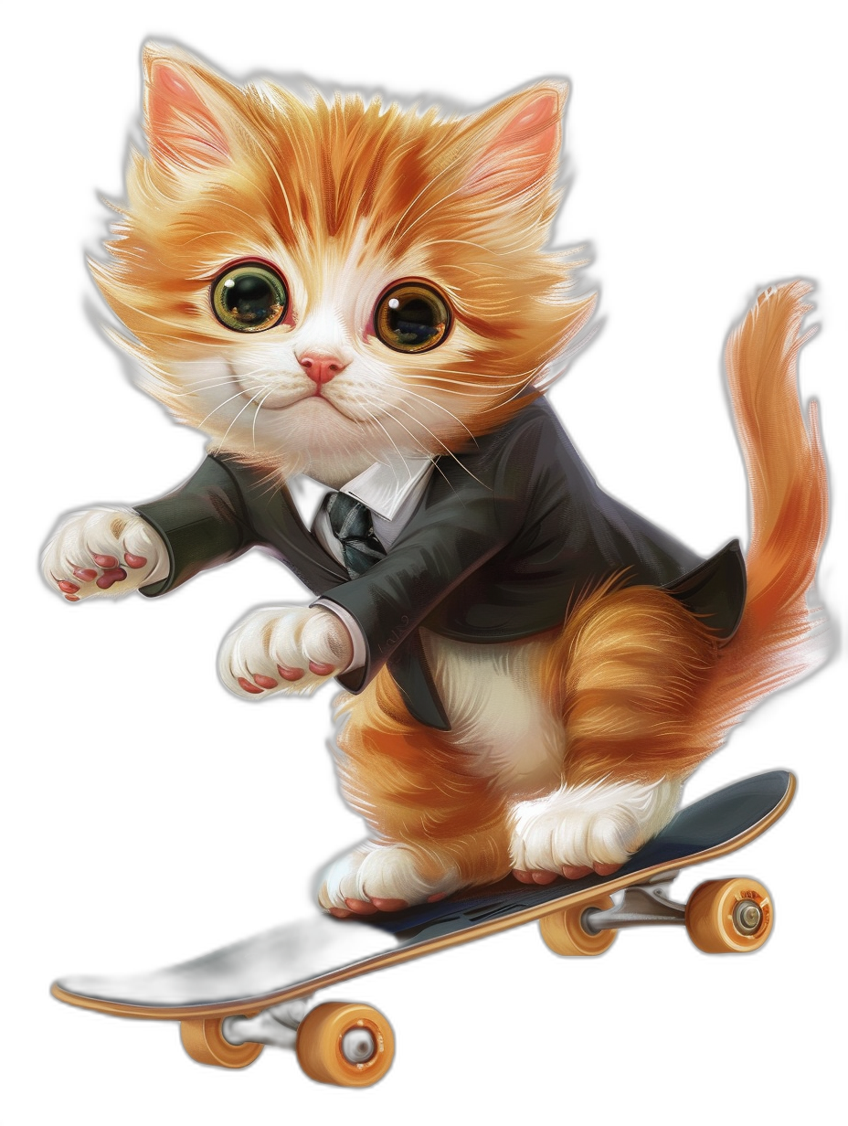 digital art of cute kitten , wear suit, skating on skateboard , black background , big eyes , lovely and funny