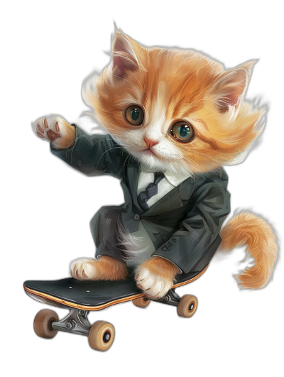 a cute orange cat in suit riding on skateboard, vector illustration by [Milo Manara](https://goo.gl/search?artist%20Milo%20Manara) and [Artgerm](https://goo.gl/search?artist%20Artgerm), black background