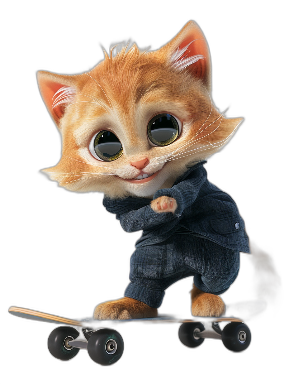 A cute happy baby cat in a suit, riding on a skateboard, big eyes, in the style of cartoon, black background, in the style of Pixar and Disney animation.