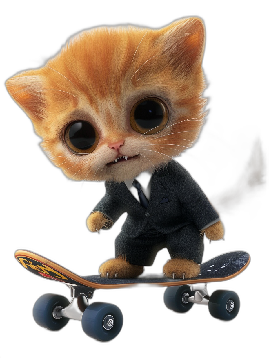 3d render of cute kitten in suit riding on skateboard, black background, cute, big eyes, lovely