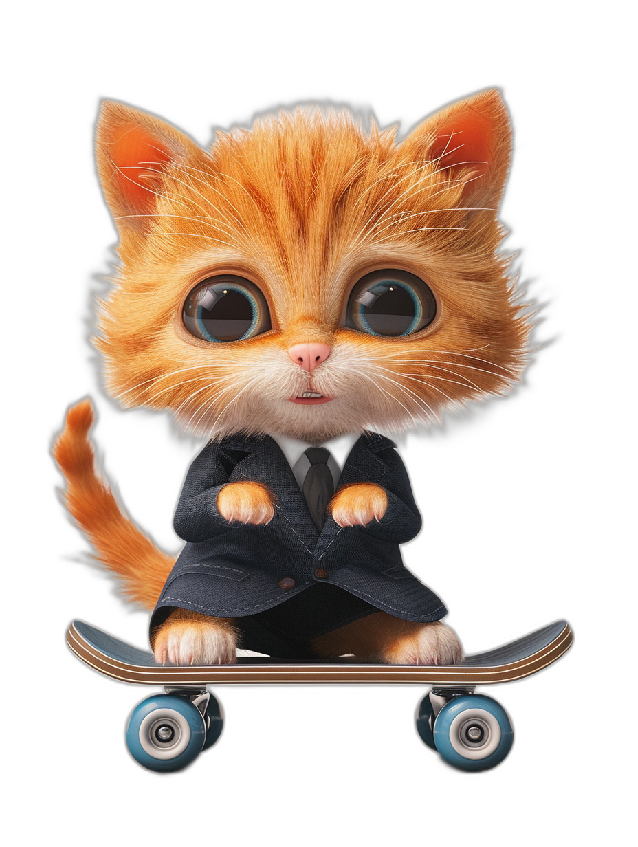 cute ginger cat in a suit riding on a skateboard, big eyes, in the style of a cartoon, vector illustration, black background, high resolution, very detailed