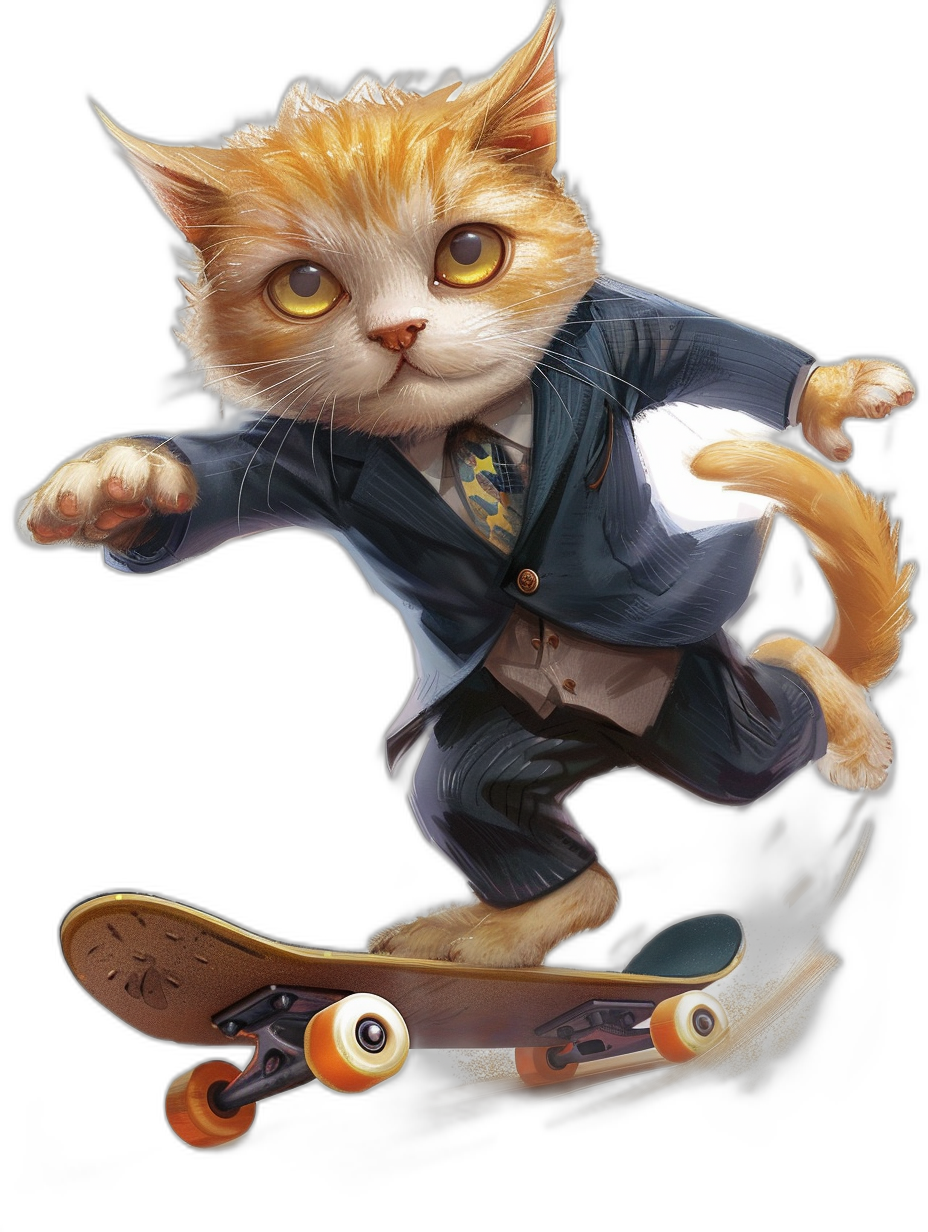 Cute cartoon cat in a suit, riding on a skateboard, high resolution, black background, detailed illustration in the style of [Artgerm](https://goo.gl/search?artist%20Artgerm) and [Atey Ghailan](https://goo.gl/search?artist%20Atey%20Ghailan) and Nyo art toy design style, full body shot, graffiti style, head close-up, head tilted up towards the camera, bright eyes, yellow fur with orange stripes, cartoon, smile, jumping action, exaggerated perspective, in